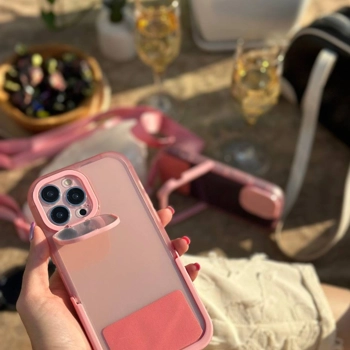 قاب آیفون لندیارد لاو Loveable Pinky Lanyard بنددار صورتی با بند گردنی بلند و استند تاشو دوربین و محافظ لنزدار