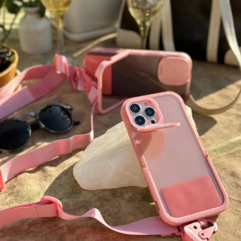 قاب آیفون لندیارد لاو Loveable Pinky Lanyard بنددار صورتی با بند گردنی بلند و استند تاشو دوربین و محافظ لنزدار