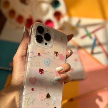 قاب آیفون Heart Diamond طرح Love & Star قلبی نگین‌دار شفاف پاستلی روی گوشی آیفون | لوپ‌تل