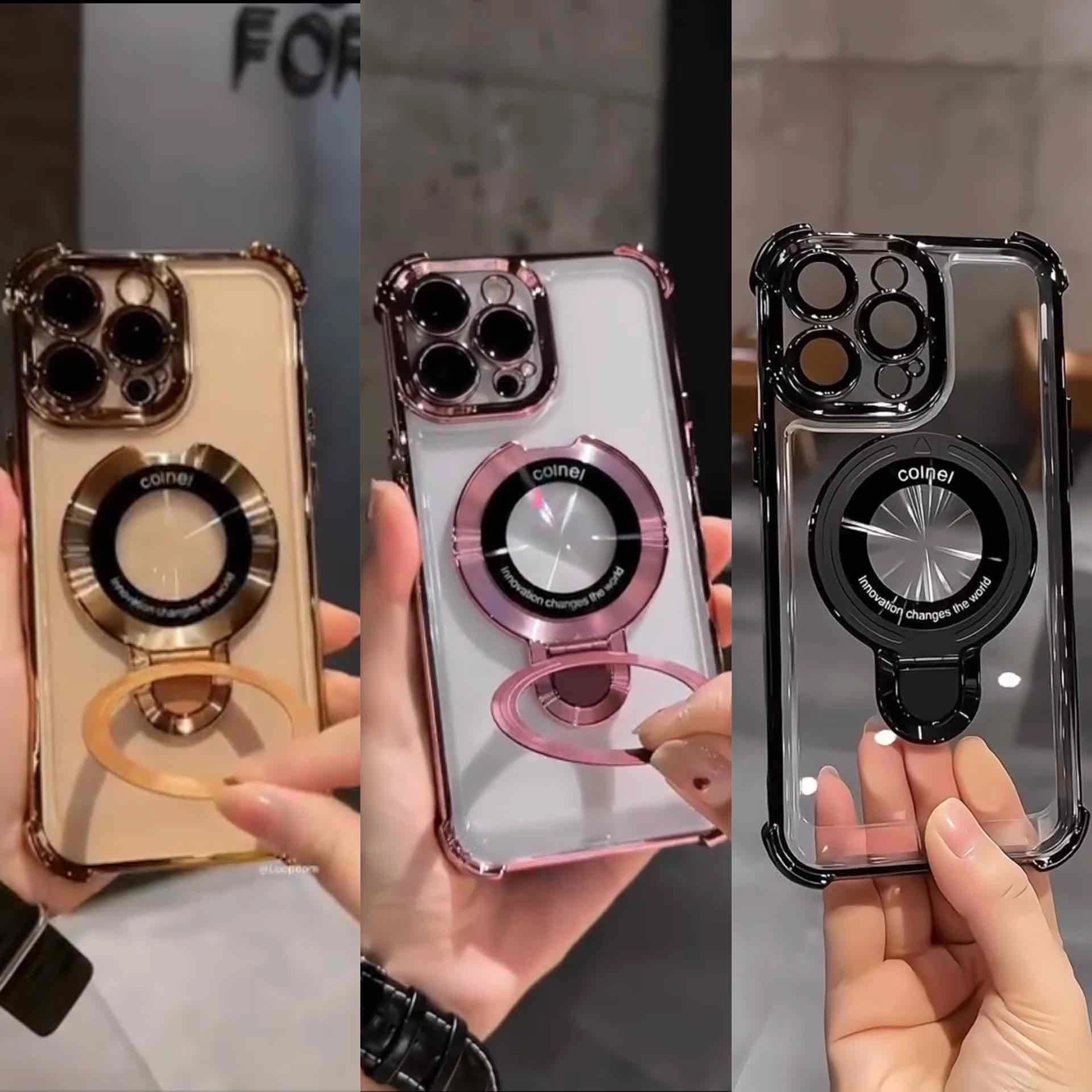 قاب گوشی Aircosion Coinball case شفاف در سه رنگ مشکی و طلایی و رزگلد دارای استند تاشو و ایرکوشن