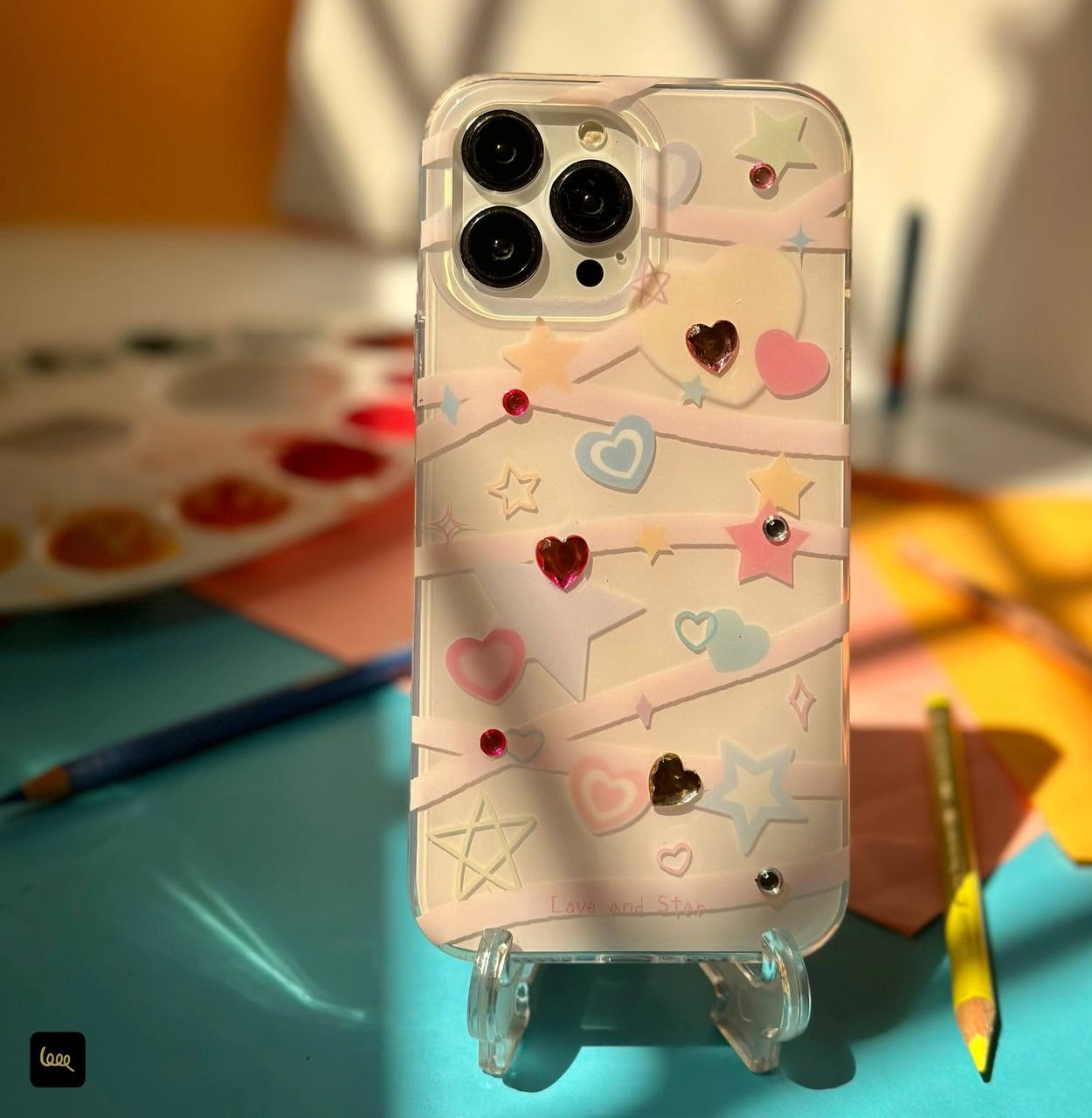 قاب آیفون Heart Diamond طرح Love & Star قلبی نگین‌دار شفاف پاستلی روی گوشی آیفون | لوپ‌تل