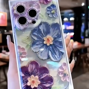 قاب آیفون Spring IMD Flower Case با گل‌های برجسته آبی و بنفش روی بدنه براق طرح بهاری