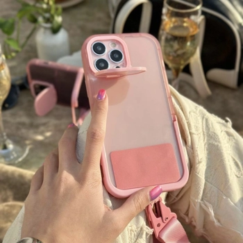 قاب آیفون لندیارد لاو Loveable Pinky Lanyard بنددار صورتی با بند گردنی بلند و استند تاشو دوربین و محافظ لنزدار