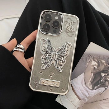 قاب آیفون Butterfly Stand Case متالیک با پروانه فلزی استندی و بال‌های متحرک روی زمینه شاین نقره‌ای